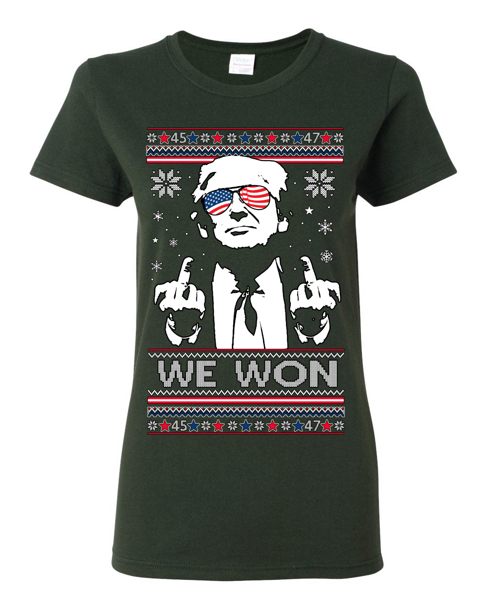 We Won Funny 45 47 President Trump Shot USA Glasses, 47th USA President of the United States, Gift for Republicans Conservatives Ugly Christmas Sweater Ugly Christmas Womens Graphic T-Shirt