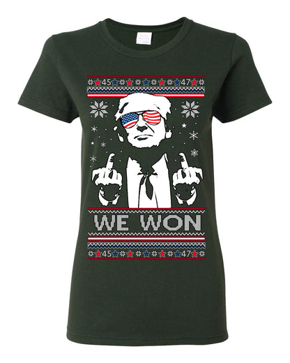 We Won Funny 45 47 President Trump Shot USA Glasses, 47th USA President of the United States, Gift for Republicans Conservatives Ugly Christmas Sweater Ugly Christmas Womens Graphic T-Shirt