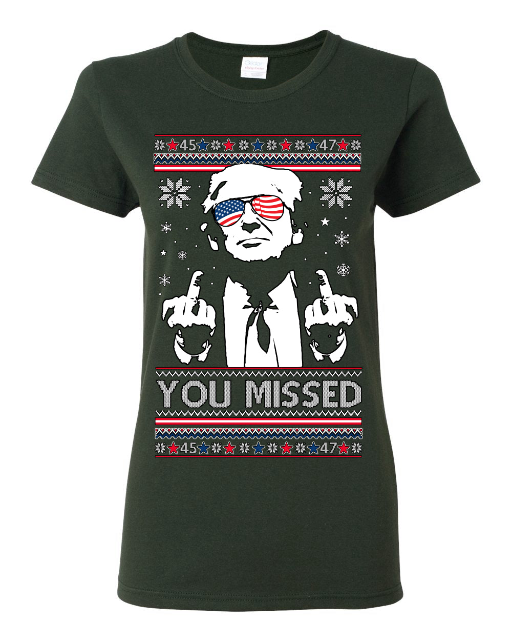 You Missed Funny 45 47 President Trump Shot USA Glasses, 47th USA President of the United States, Gift for Republicans Conservatives Ugly Christmas Sweater Ugly Christmas Womens Graphic T-Shirt