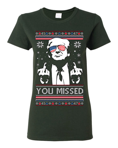 You Missed Funny 45 47 President Trump Shot USA Glasses, 47th USA President of the United States, Gift for Republicans Conservatives Ugly Christmas Sweater Ugly Christmas Womens Graphic T-Shirt