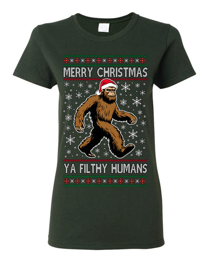 Merry Christmas Ya Filthy Humans Funny Sasquatch, UFO Conspiracy Theory Y2K Big Foot Supernatural Theorist Bigfoot Ugly Christmas Sweater Ugly Christmas Womens Graphic T-Shirt