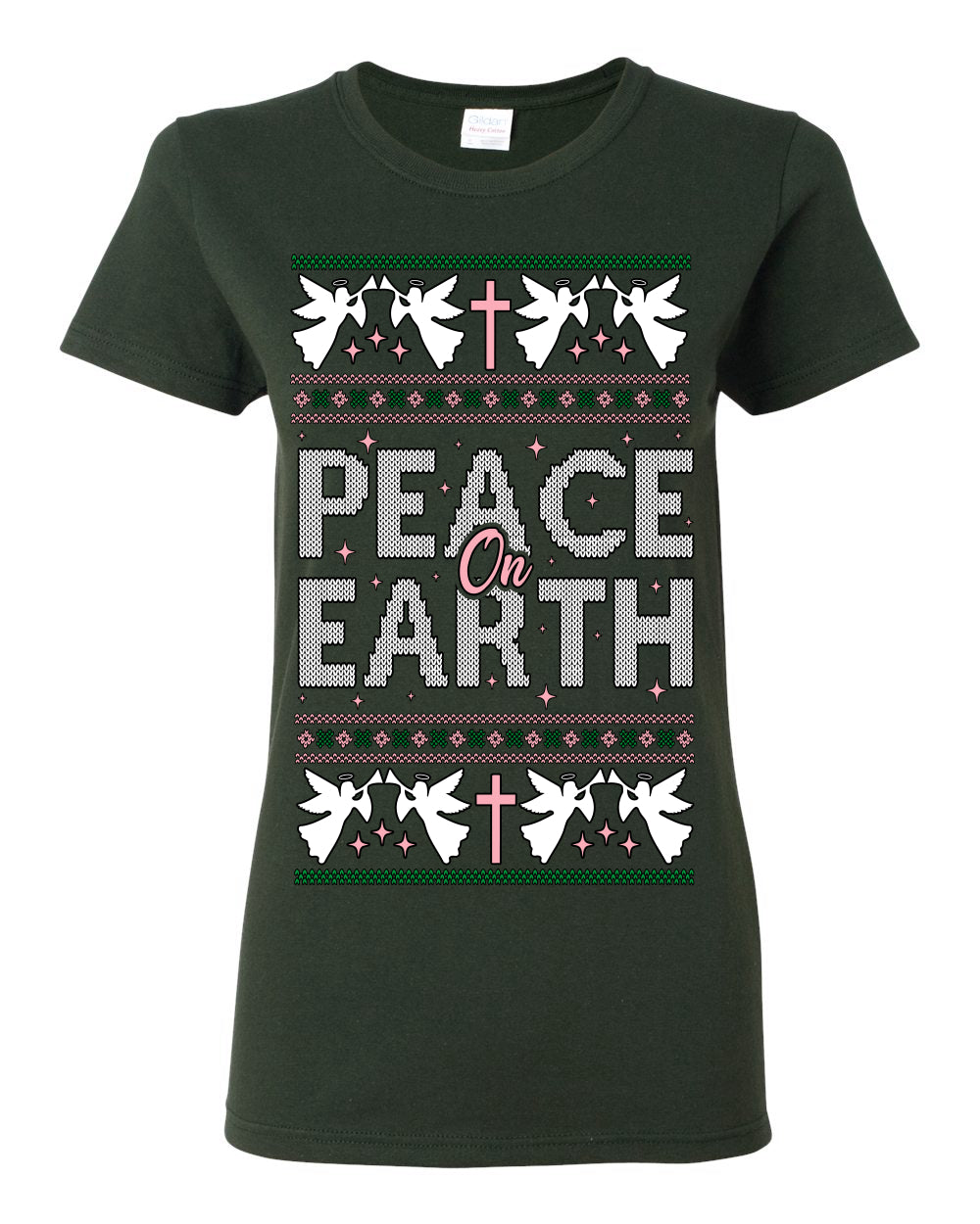 Peace On Earth Funny Xmas Cute Pink Angel Cross, Women Men Religious Christian Catholic Ugly Christmas Sweater Ugly Christmas Womens Graphic T-Shirt