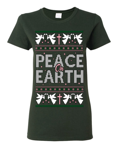 Peace On Earth Funny Xmas Cute Pink Angel Cross, Women Men Religious Christian Catholic Ugly Christmas Sweater Ugly Christmas Womens Graphic T-Shirt