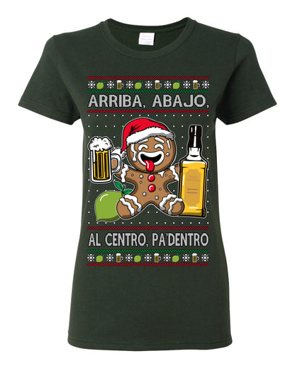 Arriba Abajo Al Centro Pa'Dentro Cheers to Health, Drinking Beer Cerveza Funny Gingerbread Xmas Cookie Ropa en Espanol Salud Ugly Christmas Sweater Ugly Christmas Womens Graphic T-Shirt