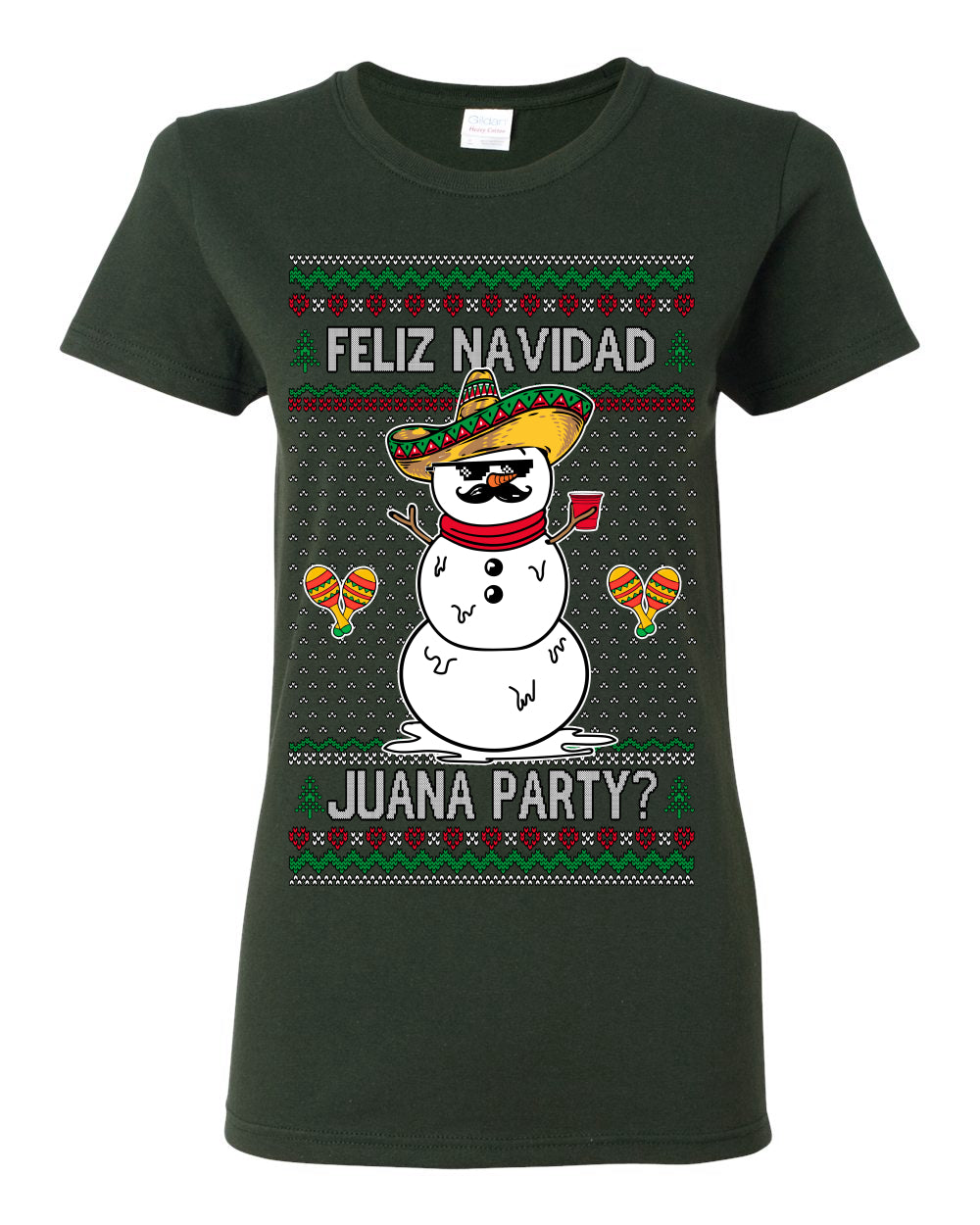 Feliz Navidad Juana Party? Funny Spanish Drinking Sueter Cerveza Ropa en Espanol Ugly Christmas Sweater Ugly Christmas Womens Graphic T-Shirt