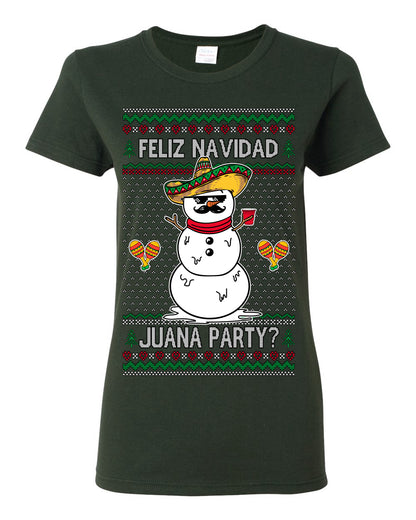 Feliz Navidad Juana Party? Funny Spanish Drinking Sueter Cerveza Ropa en Espanol Ugly Christmas Sweater Ugly Christmas Womens Graphic T-Shirt
