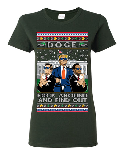 Doge F Around and Find Out Donald Trump Elon Vivek, Department of Govenmental Efficiency D.O.G.E. Republicans MAGA Ugly Christmas Sweater Ugly Christmas Womens Graphic T-Shirt