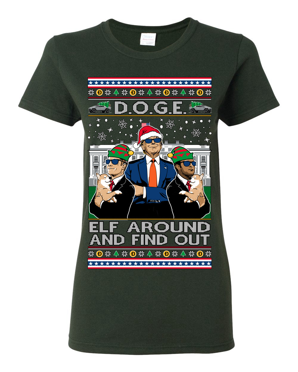 Doge Elf Around and Find Out Trump Elon Vivek, Department of Govenmental Efficiency D.O.G.E. Republicans MAGA Ugly Christmas Sweater Ugly Christmas Womens Graphic T-Shirt