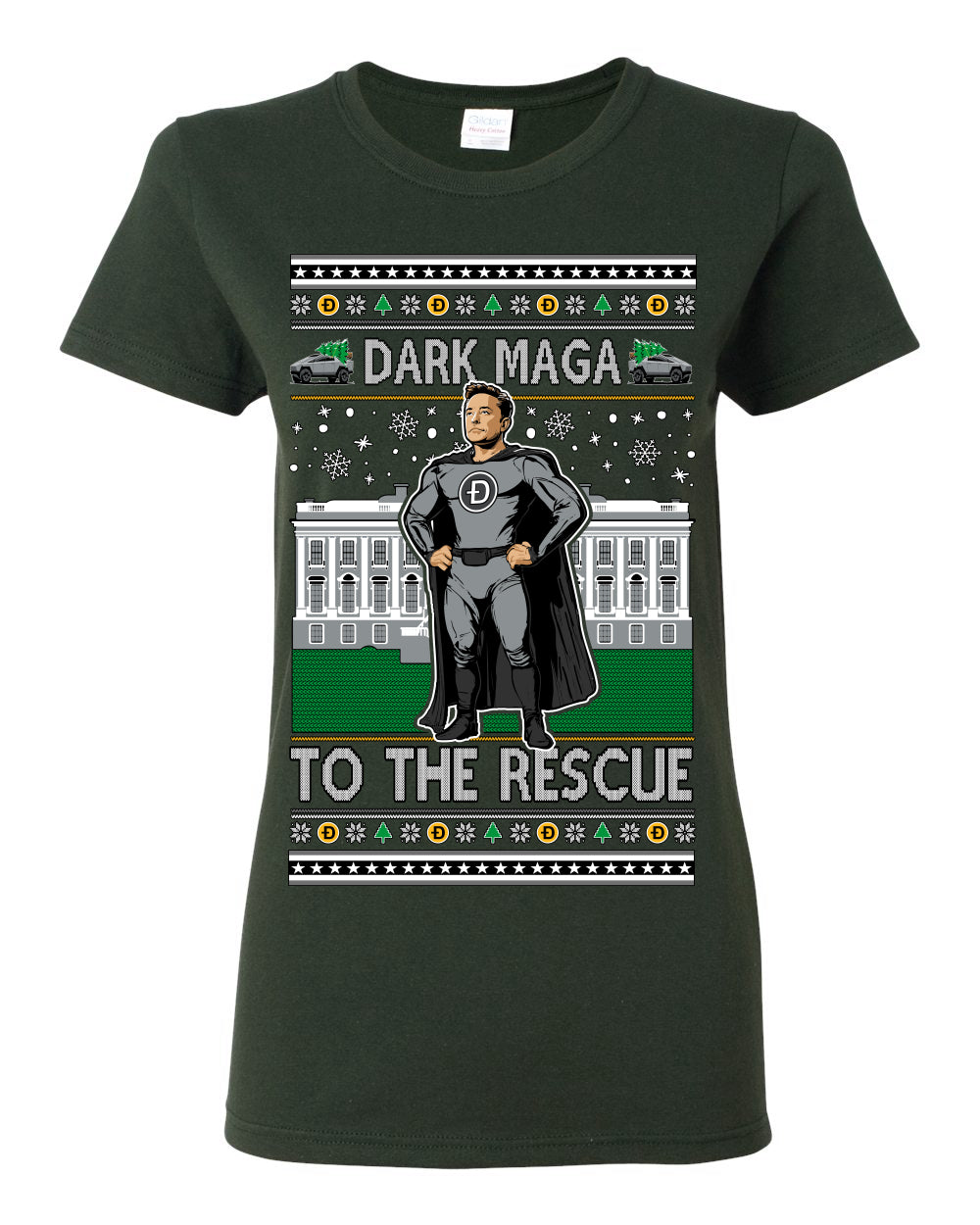 Dark MAGA to the Rescue, Elon Superhero Doge Crypto Dogecoin Make America Great Again Trump 2024 Ugly Christmas Sweater Ugly Christmas Womens Graphic T-Shirt