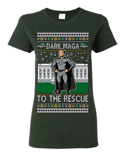 Dark MAGA to the Rescue, Elon Superhero Doge Crypto Dogecoin Make America Great Again Trump 2024 Ugly Christmas Sweater Ugly Christmas Womens Graphic T-Shirt