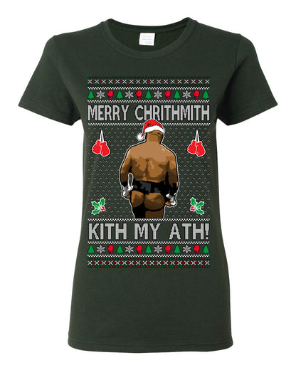 Merry Chrithmith Kith My Ath, Mike Tyson Butt Viral Kiss My Ass Boxing Fight Meme, Men Women Funny Ugly Christmas Sweater Ugly Christmas Womens Graphic T-Shirt