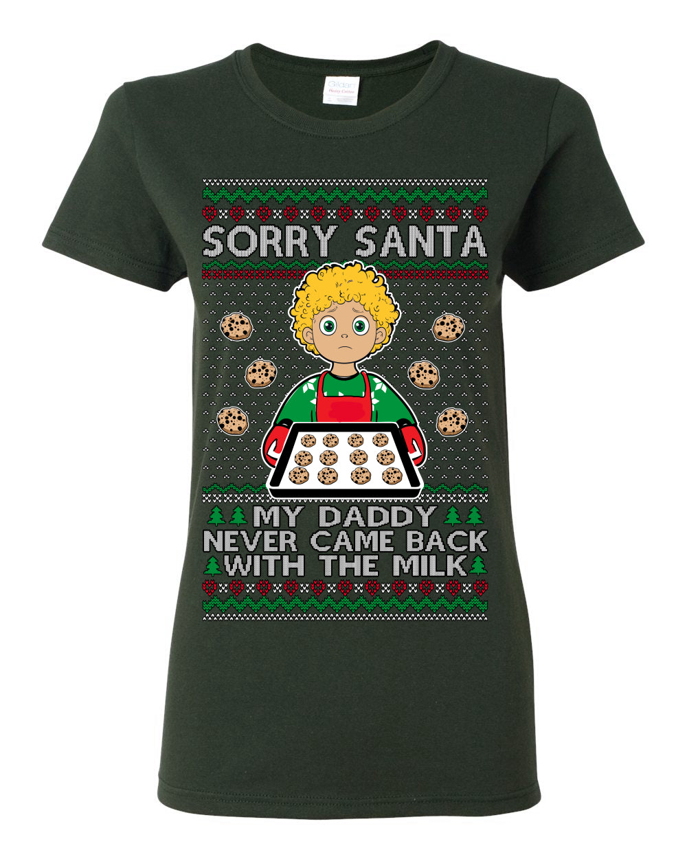 Sorry Santa Dad Never Came Back With Milk, Funny Viral Daddy Left Sad Kid Meme Ugly Christmas Sweater Ugly Christmas Womens Graphic T-Shirt