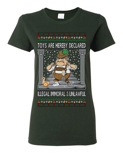 Toys Are Hereby Declared Illegal Immoral  Unlawful, Funny Classic 1970 Xmas Movie Quote Character Santa Claus Comin to Town, Ugly Christmas Sweater Ugly Christmas Womens Graphic T-Shirt