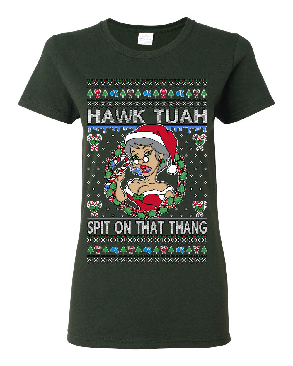 Hawk Tuah Spit On That Thang, Viral Hilarious Candy Cane Mrs Claus Funny Naughty Suck Meme, Ugly Christmas Sweater Ugly Christmas Womens Graphic T-Shirt
