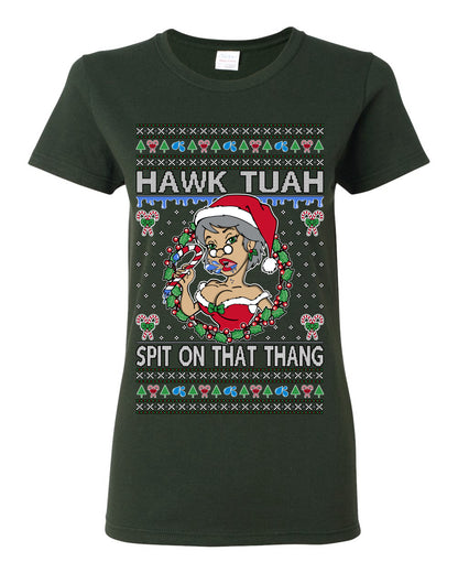 Hawk Tuah Spit On That Thang, Viral Hilarious Candy Cane Mrs Claus Funny Naughty Suck Meme, Ugly Christmas Sweater Ugly Christmas Womens Graphic T-Shirt