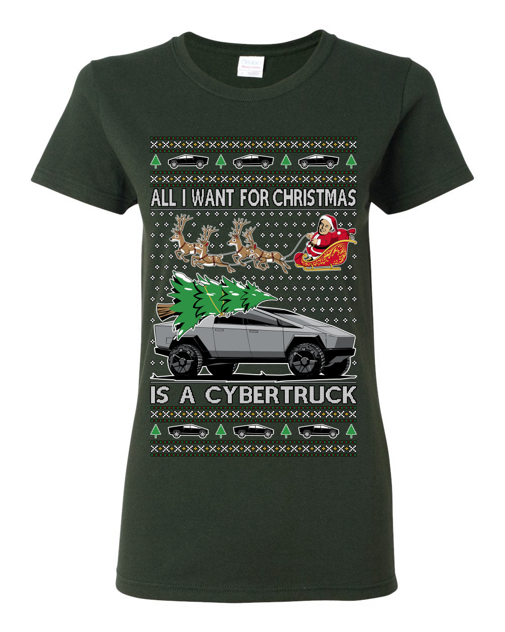 All I Want for Christmas is a Cybertruck, Funny Tech Cyber Truck Elon Musk Santa Claus Reindeer, Meme Ugly Christmas Sweater Ugly Christmas Womens Graphic T-Shirt
