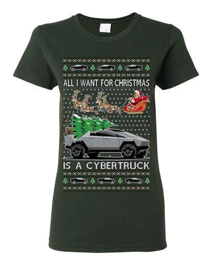 All I Want for Christmas is a Cybertruck, Funny Tech Cyber Truck Elon Musk Santa Claus Reindeer, Meme Ugly Christmas Sweater Ugly Christmas Womens Graphic T-Shirt