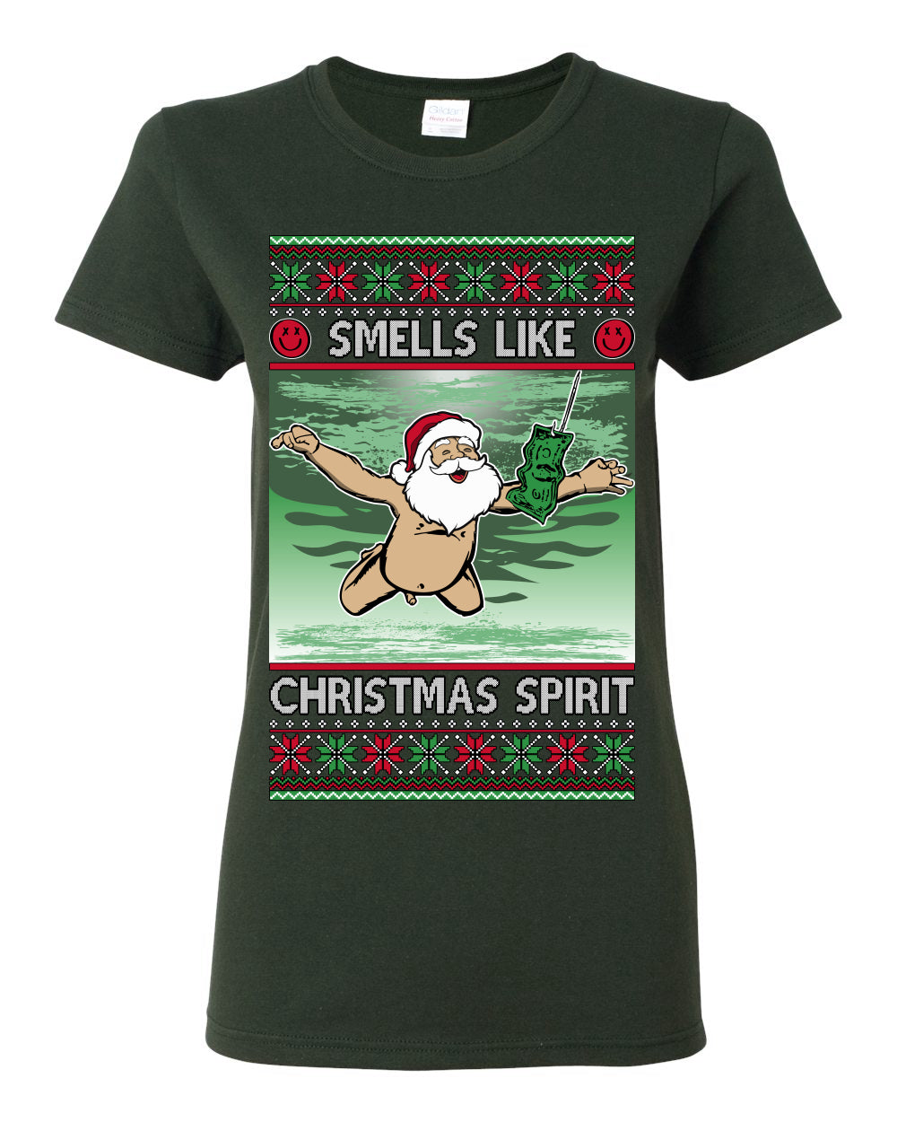 Smells Like Christmas Spirit, Funny Santa Claus Classic 90s Alternative Rock Album Cover Music Parody Ugly Christmas Sweater Ugly Christmas Womens Graphic T-Shirt