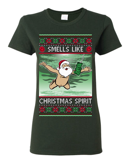 Smells Like Christmas Spirit, Funny Santa Claus Classic 90s Alternative Rock Album Cover Music Parody Ugly Christmas Sweater Ugly Christmas Womens Graphic T-Shirt