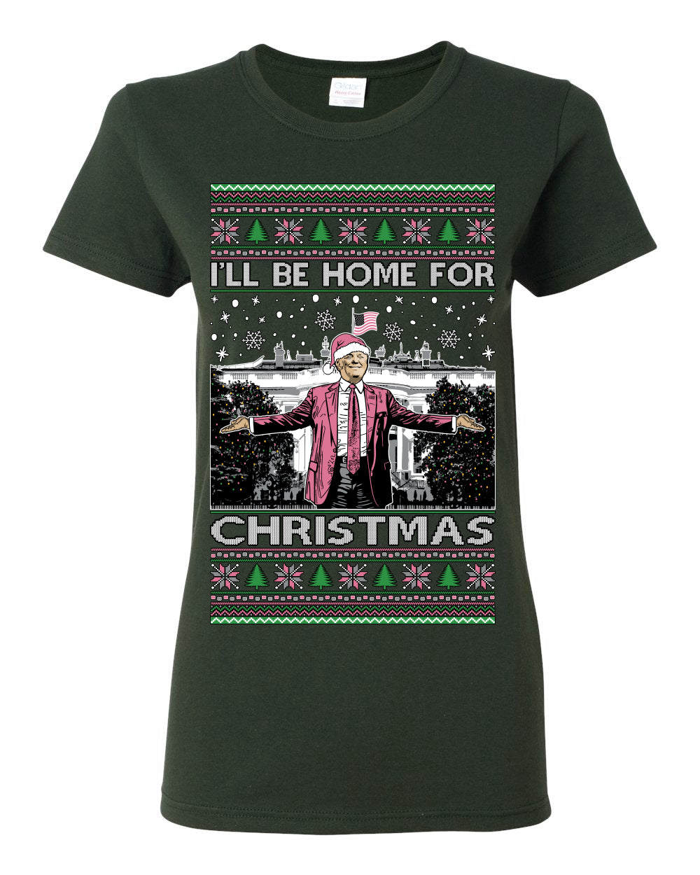 I'll Be Home for Christmas Pink Suit | Funny Santa Clause President Donald Trump White House Holiday Xmas Sweaters, MAGA Ugly Christmas Womens Graphic T-Shirt