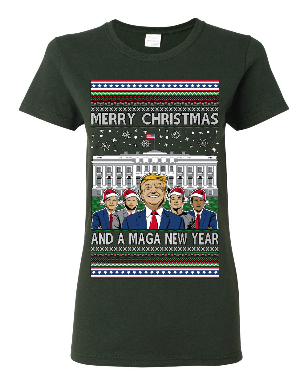 Merry Christmas and a MAGA New Year 2025, Trump Vance Administration 45 47 Make America Great Again USA Ugly Christmas Sweater Ugly Christmas Womens Graphic T-Shirt