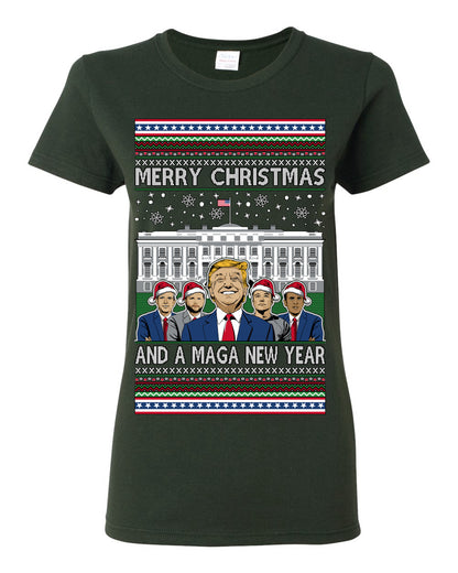 Merry Christmas and a MAGA New Year 2025, Trump Vance Administration 45 47 Make America Great Again USA Ugly Christmas Sweater Ugly Christmas Womens Graphic T-Shirt