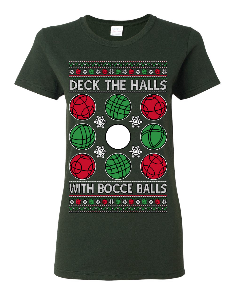 Deck the Halls with Bocce Balls, Funny Classic Italy Italian Sports Ugly Christmas Sweater Ugly Christmas Womens Graphic T-Shirt