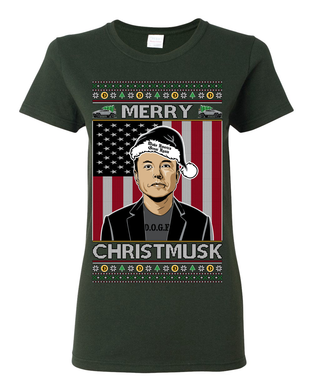 Merry Christmusk Funny Dark MAGA Santa Elon Doge Meme, Crypto Dogecoin America First USA Republican Ugly Christmas Sweater Ugly Christmas Womens Graphic T-Shirt