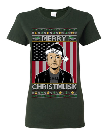 Merry Christmusk Funny Dark MAGA Santa Elon Doge Meme, Crypto Dogecoin America First USA Republican Ugly Christmas Sweater Ugly Christmas Womens Graphic T-Shirt