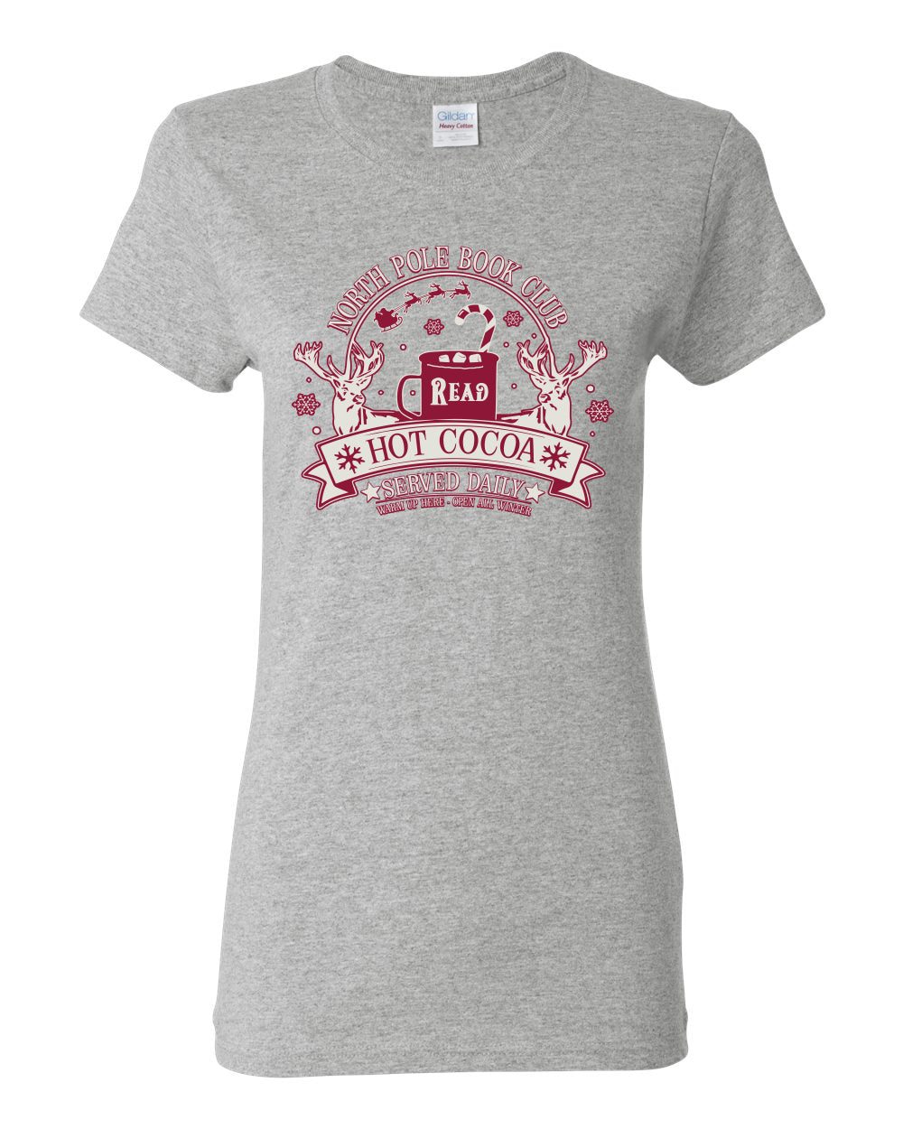 North Pole Book Club | Hot Cocoa Served Daily, Cute Funny Read Books Reading Snow Reindeer Winter Hot Chocolate Ugly Christmas Womens Graphic T-Shirt