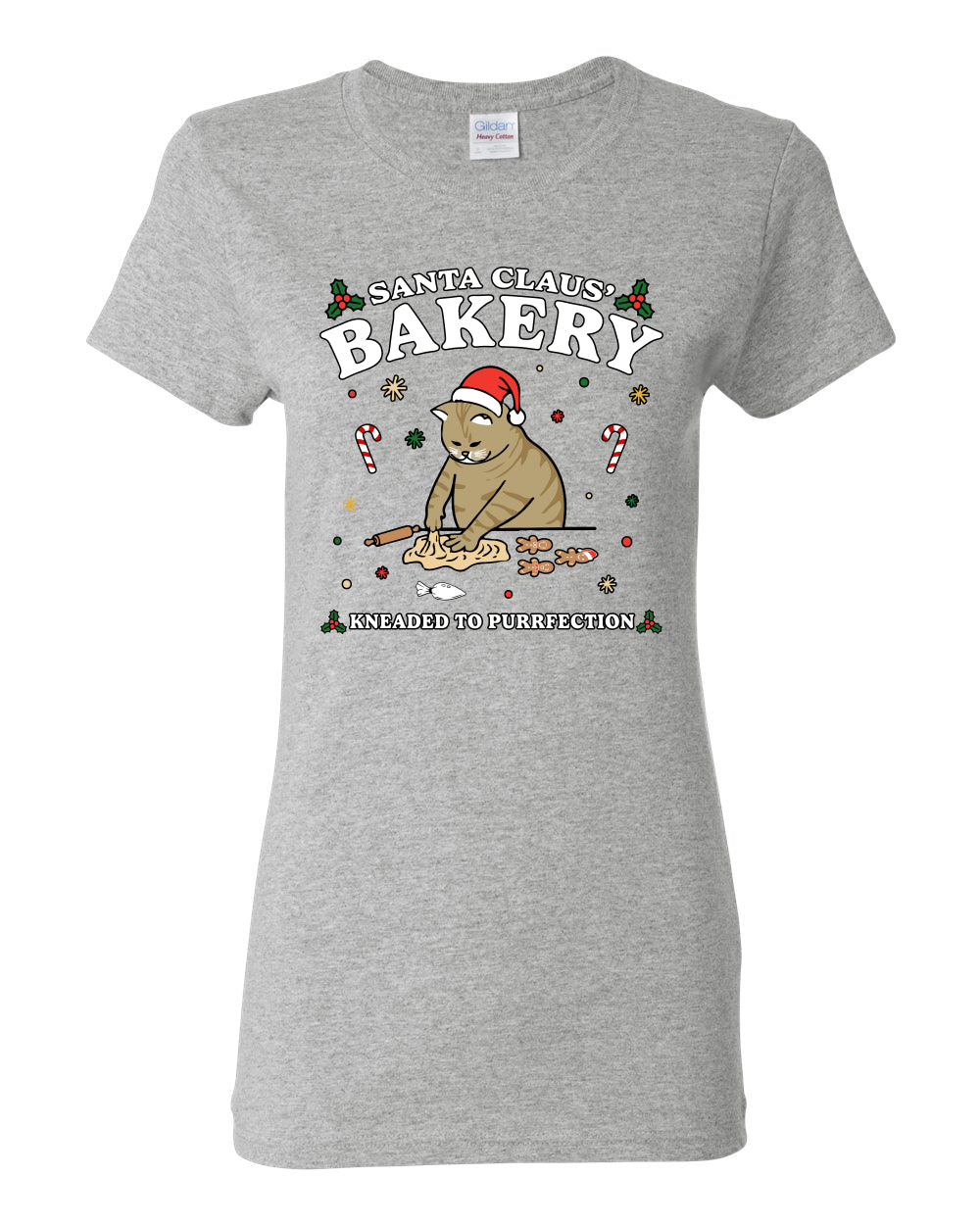 Santa Claus Bakery | Bread Kneaded to Purrfection, Funny Cute Cat Chef Baker Joke Ugly Christmas Womens Graphic T-Shirt