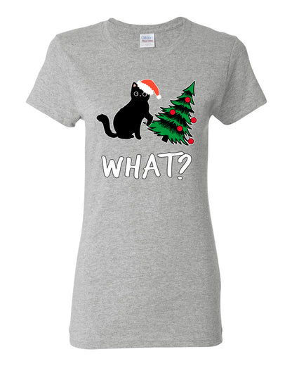 What? Funny Guilty Santa Cat Christmas Tree Mischief Pet Humor Ugly Christmas Womens Graphic T-Shirt