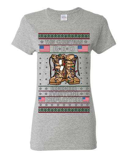 This Christmas RED Remember Everyone Deployed, Pro Military Vet 1st 2nd Amendment Veteran, RED Friday Ugly Christmas Sweater Ugly Christmas Womens Graphic T-Shirt