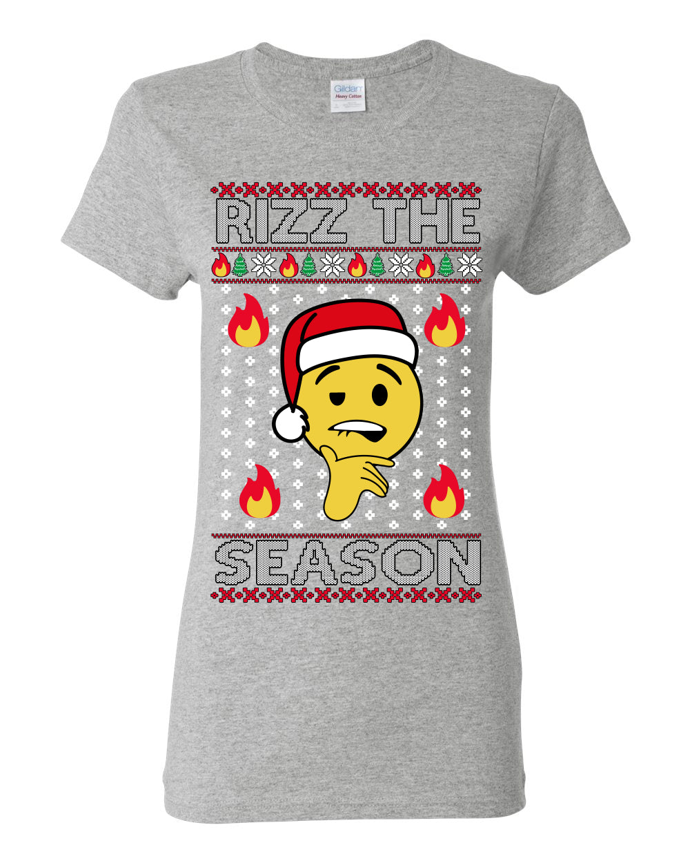 Rizz the Season, Viral Internet Fire Emoji Face Meme Romance Slang, Ugly Christmas Sweater Ugly Christmas Womens Graphic T-Shirt