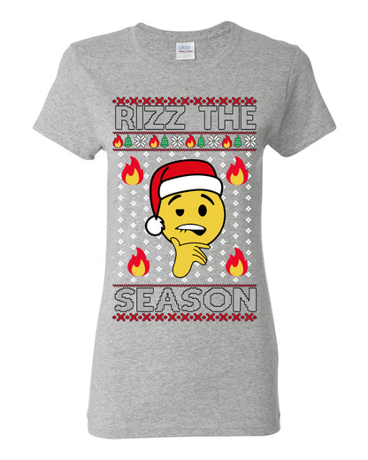 Rizz the Season, Viral Internet Fire Emoji Face Meme Romance Slang, Ugly Christmas Sweater Ugly Christmas Womens Graphic T-Shirt