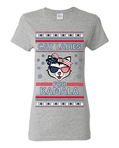 Cat Ladies for Kamala USA Glasses, Harris Tim Walz 2024 Cute USA Glasses Bow, Ugly Christmas Sweater Crewneck Sweatshirt Ugly Christmas Womens Graphic T-Shirt