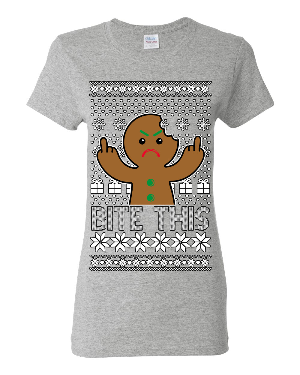 Bite This, Funny Gingerbread Cookie Offensive Inappropriate Middle Finger, F U Ginger Bread Dirty Novelty Xmas Ugly Christmas Sweater Ugly Christmas Womens Graphic T-Shirt