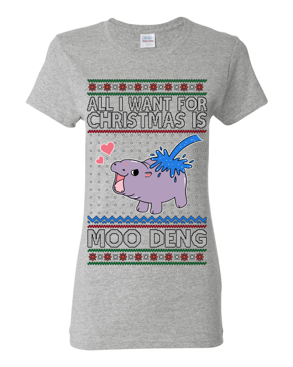 All I Want for Christmas is Moo Deng, Cute Pygmy Hippo Meme Viral Zoo Animal Y2K Era Funny Memes, Ugly Christmas Sweater Ugly Christmas Womens Graphic T-Shirt