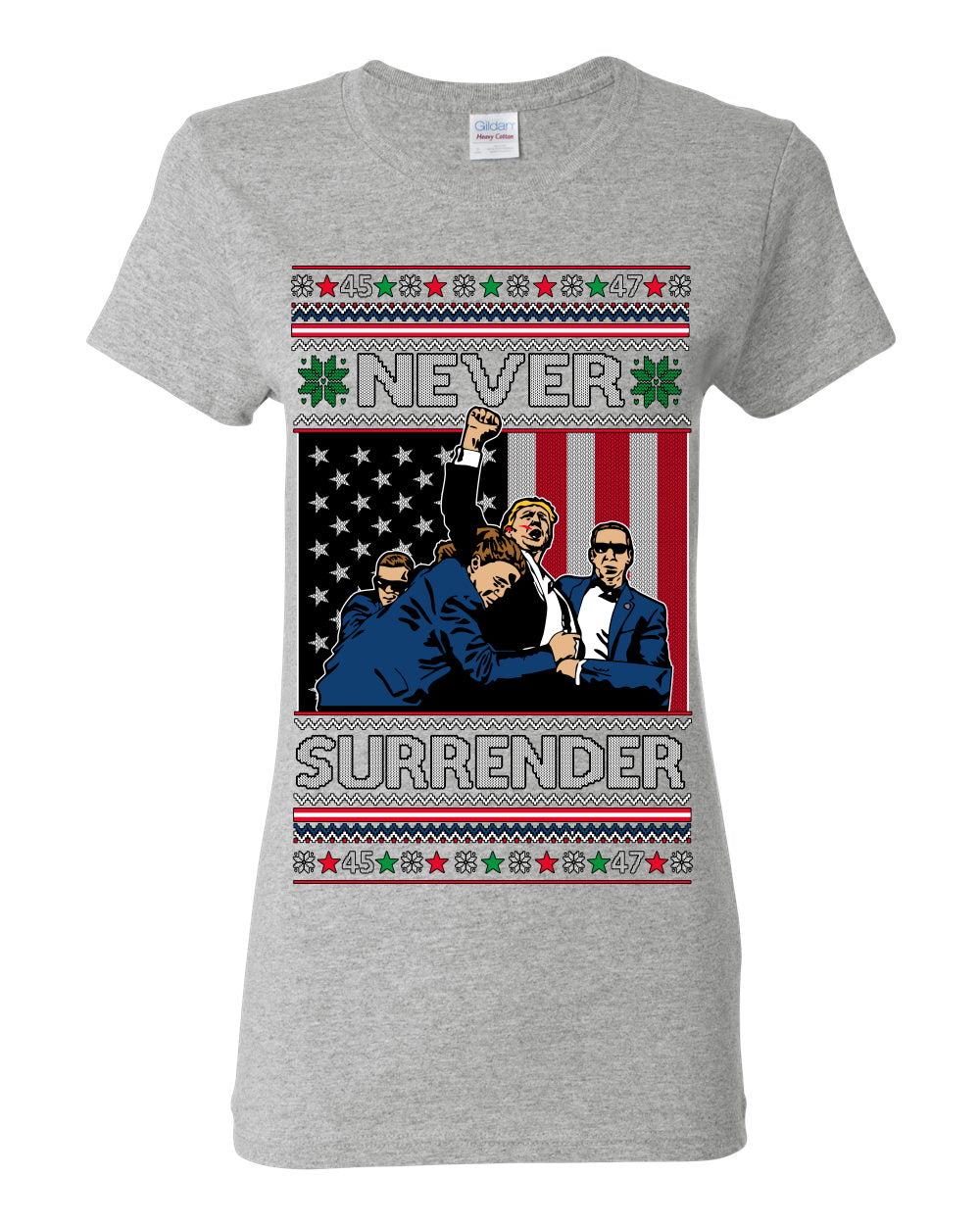 Never Surrender, Pro Donald Trump Fight Fight Fight Fist Pump 2024 Butler PA Rally Shot, Ugly Christmas Sweater Ugly Christmas Womens Graphic T-Shirt
