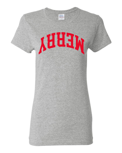 Merry Red Text, Classic College Style Trendy Upside Down Text Ugly Christmas Sweater Ugly Christmas Womens Graphic T-Shirt