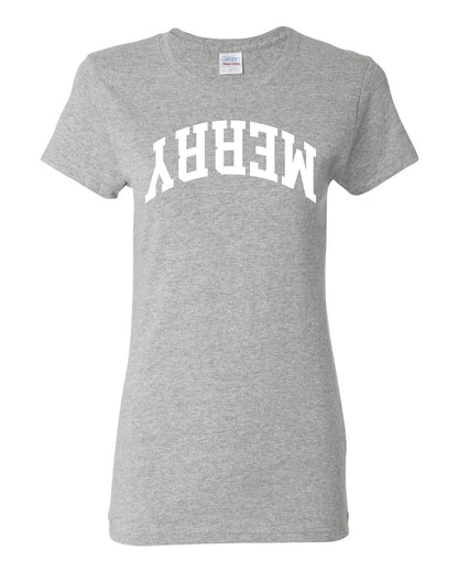 Merry White Text, Classic College Style Trendy Upside Down Ugly Christmas Sweater Ugly Christmas Womens Graphic T-Shirt