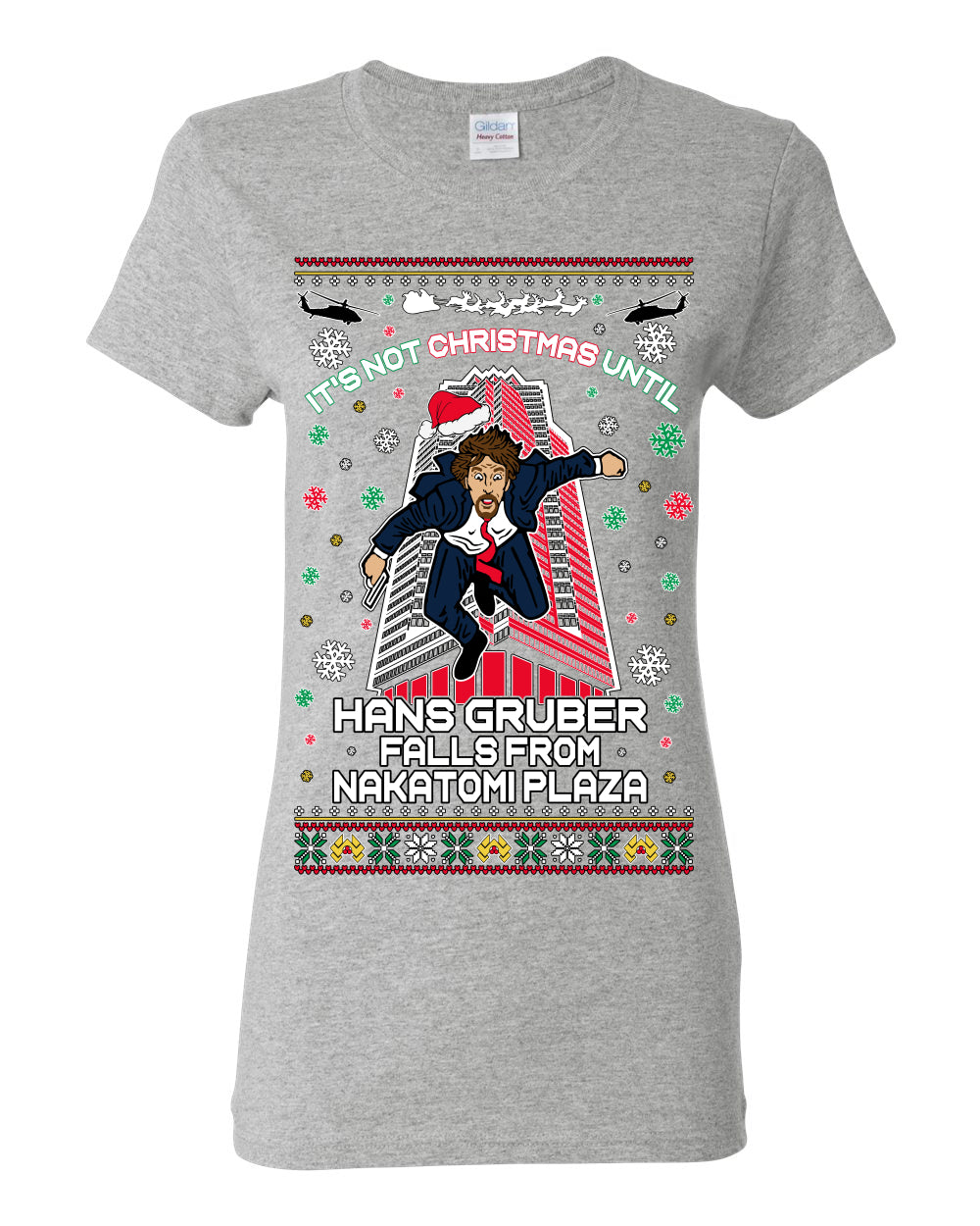 It's Not Christmas Until Hans Gruber Falls From Nakatomi Plaza, Color Design Skyscraper LA Falling Iconic 80s Xmas Movie Ugly Christmas Sweater Ugly Christmas Womens Graphic T-Shirt
