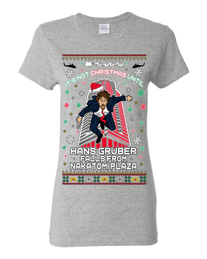 It's Not Christmas Until Hans Gruber Falls From Nakatomi Plaza, Color Design Skyscraper LA Falling Iconic 80s Xmas Movie Ugly Christmas Sweater Ugly Christmas Womens Graphic T-Shirt