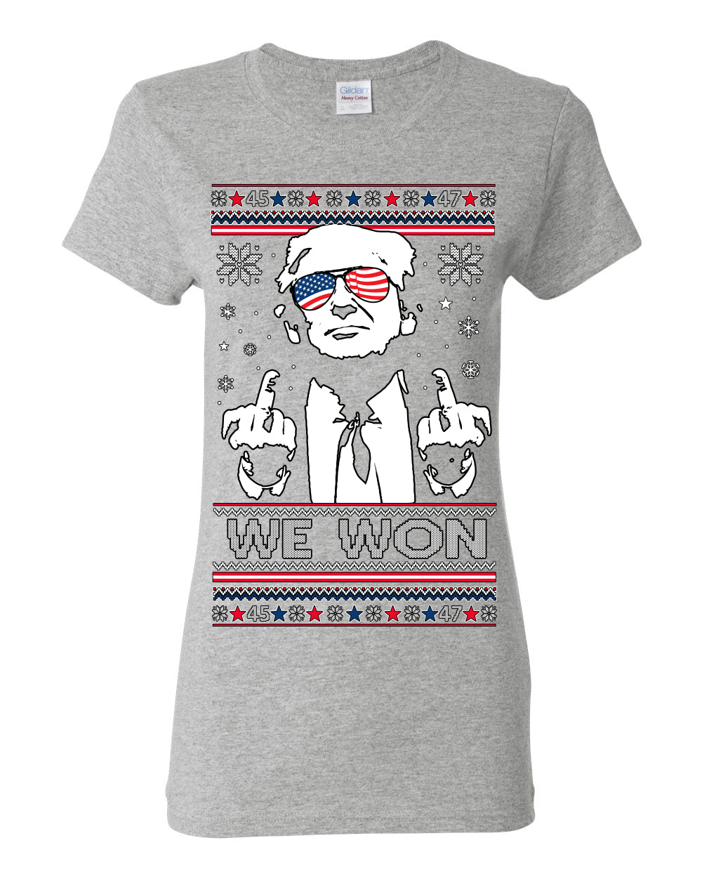 We Won Funny 45 47 President Trump Shot USA Glasses, 47th USA President of the United States, Gift for Republicans Conservatives Ugly Christmas Sweater Ugly Christmas Womens Graphic T-Shirt