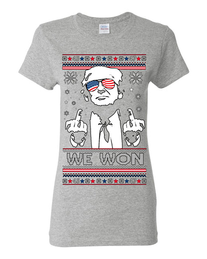 We Won Funny 45 47 President Trump Shot USA Glasses, 47th USA President of the United States, Gift for Republicans Conservatives Ugly Christmas Sweater Ugly Christmas Womens Graphic T-Shirt