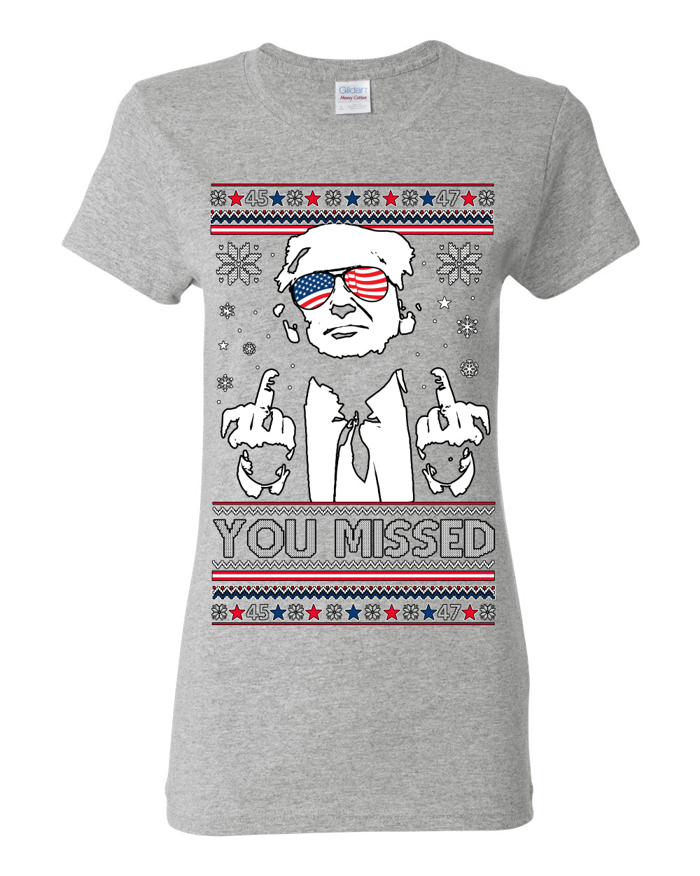 You Missed Funny 45 47 President Trump Shot USA Glasses, 47th USA President of the United States, Gift for Republicans Conservatives Ugly Christmas Sweater Ugly Christmas Womens Graphic T-Shirt