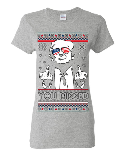 You Missed Funny 45 47 President Trump Shot USA Glasses, 47th USA President of the United States, Gift for Republicans Conservatives Ugly Christmas Sweater Ugly Christmas Womens Graphic T-Shirt