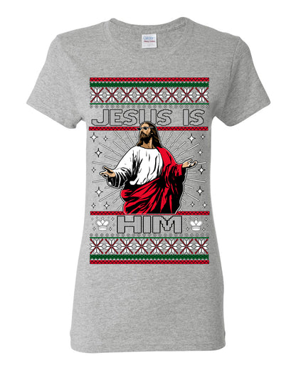 Jesus Is Him Funny Gen Z Viral Meme Shades, Religious Christ Christian Christianity Brain Rot Joke Slang Ugly Christmas Sweater Ugly Christmas Womens Graphic T-Shirt