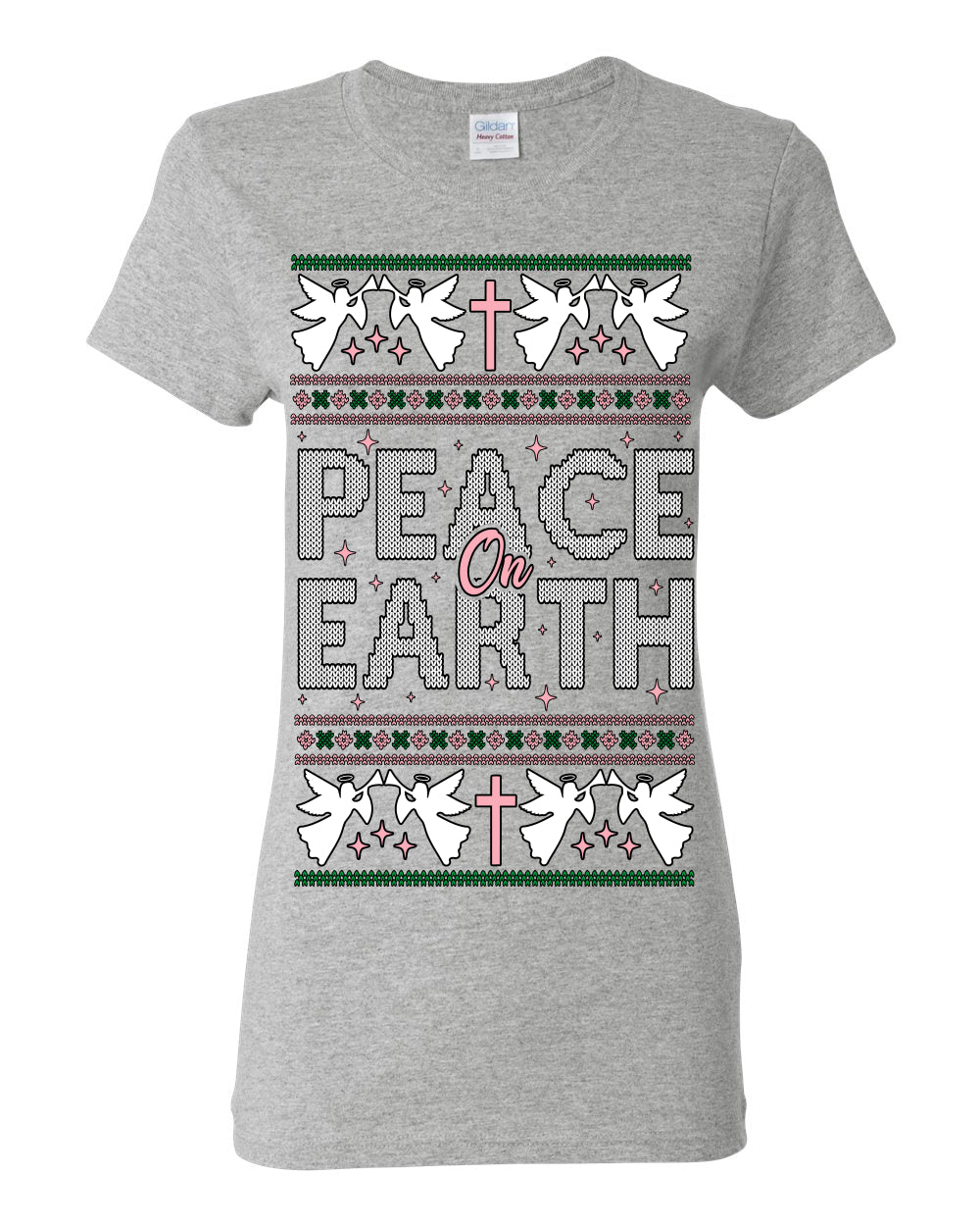 Peace On Earth Funny Xmas Cute Pink Angel Cross, Women Men Religious Christian Catholic Ugly Christmas Sweater Ugly Christmas Womens Graphic T-Shirt
