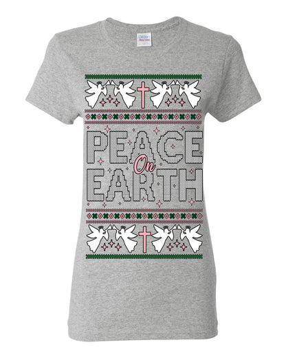 Peace On Earth Funny Xmas Cute Pink Angel Cross, Women Men Religious Christian Catholic Ugly Christmas Sweater Ugly Christmas Womens Graphic T-Shirt